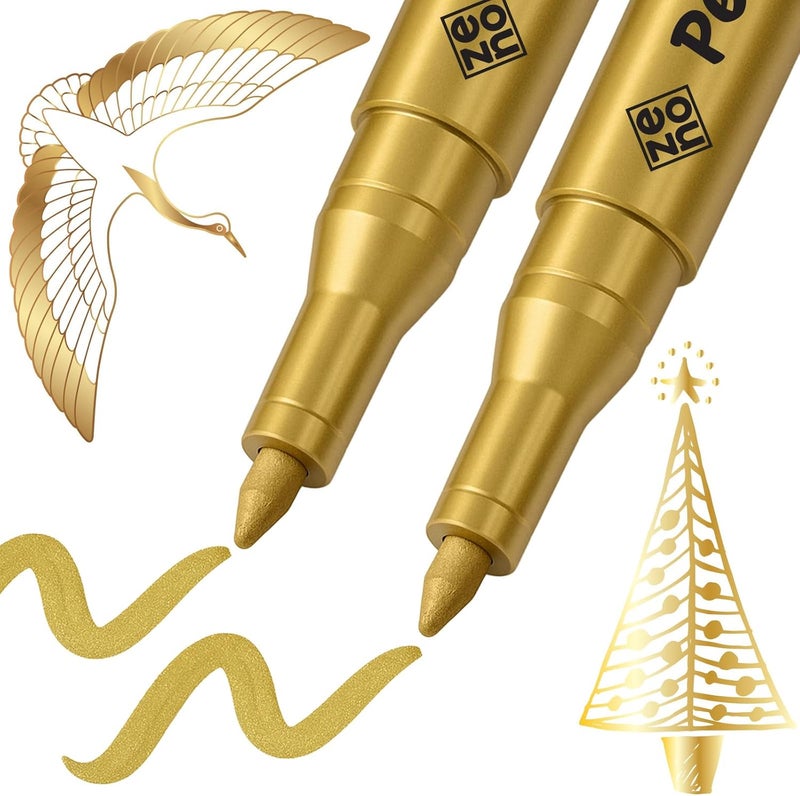 Zeno 2 Gold Paint Pens – Oil-Based Permanent Markers, Metallic Gold Ink, 0.7mm Extra Fine Tip for Rock, Glass, Fabric, Plastic, Cards, DIY & Christmas Crafts - Image 1